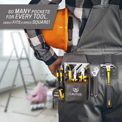 Person wearing Oil Tanned Leather Tool Belt Rig For Carpenters And Handymen With 8 Pockets And 4 Hammer Loops