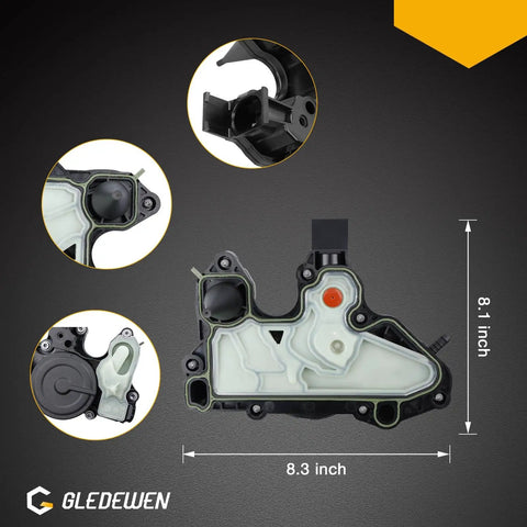 Diagram of Volkswagen 2.0T PCV Valve Oil Separator Crankcase Vent Valve Replacement Direct Fit Plug And Play For Golf GTI Jetta Passat Beetle 2014 2018 with dimensions and parts close-up.