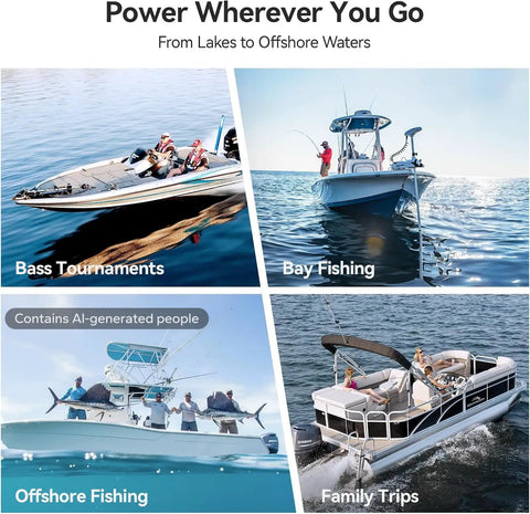 Built Tough 24V 125Ah Bluetooth Enabled Lithium Battery Featuring Auto Self Heating For Marine Boats And RV Systems Compact Heavy Duty Power Source in use for bass, bay, offshore fishing and family trips.