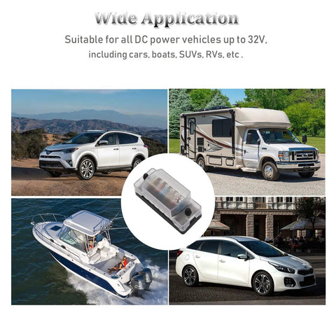 Wide application for Six Way Marine Blade Fuse Block With Negative Bus Waterproof ATC ATO Fuse Box Panel for vehicles, boats, RVs.