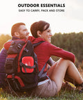 Front view of red mini first aid kit in a waterproof hard-shell case attached to a hiking backpack.