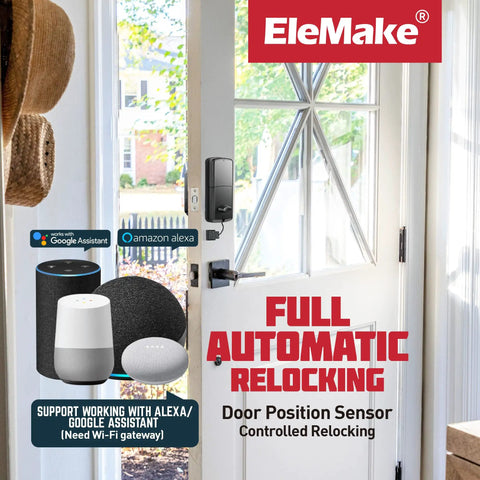 Smart Deadbolt Door Lock With WiFi Connection Digital Touchscreen Bluetooth 2.4 GHz Black Finish on a white door with Alexa and Google Home.