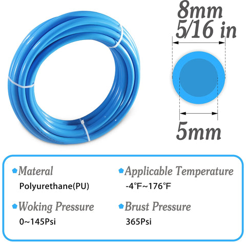 Blue polyurethane air hose, 8 mm OD (5/16 in) x 5 mm ID, 10 m length for air or fluid transfer