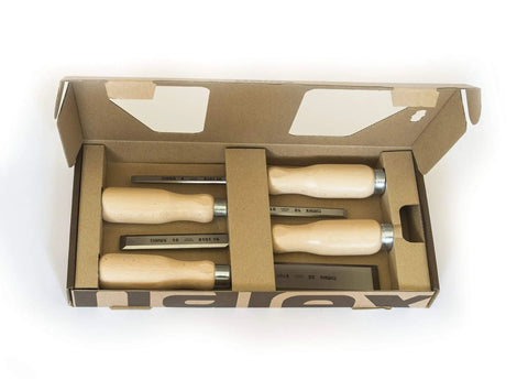 Killer 4 Piece Chisel Set Featuring Legit Cr Mn Steel Blades And Slick Lacquered Wood Handles Pre Sharpened in cardboard packaging.