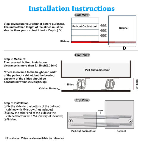 Installation instructions for Heavy Duty Beefed Up Undermount Drawer Slides Bottom Mount Full Extension Ball Bearing Rails