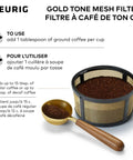 Reusable Gold Tone Mesh Coffee Filter For K Duo Essentials And K Duo Brewers filled with ground coffee with scoop