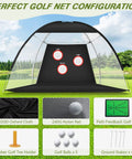 10x7Ft Golf Practice Net With Swing Mat setup showing net, targets, and accessories for backyard driving and indoor training