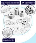 Bates-Fender stainless steel washer set, 230 pcs, flat and Fender washers, 15 sizes (M3–M12)