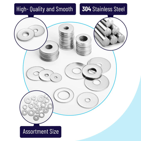 Bates-Fender stainless steel washer set, 230 pcs, flat and Fender washers, 15 sizes (M3–M12)