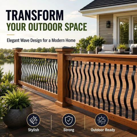 Heavy Duty Weather Resistant Deck Baluster Kit Rock Solid Cast Iron Railing Posts Built Like A Tank With Mounting Hardware For Porch Stairs And Backyard Decks 61 Pack 32 Inches displayed on a wooden deck.
