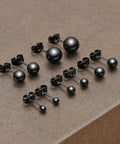 Hypoallergenic Stainless Steel Black Ball Stud Earrings Set 10 Pieces 5 Pairs Lightweight And Shiny Balls From Small To Large Sizes For Everyday Wear And Dressy Outfits, black studs on display