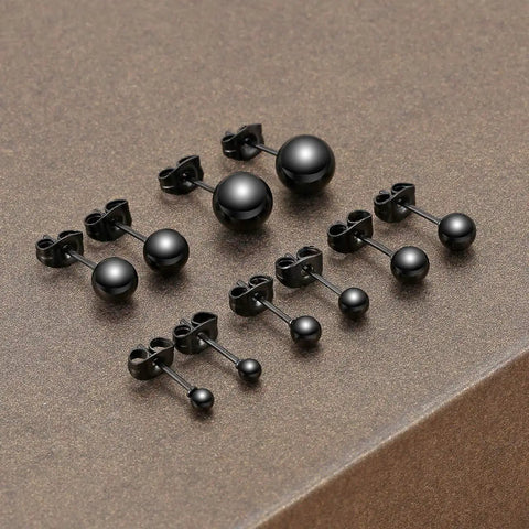 Hypoallergenic Stainless Steel Black Ball Stud Earrings Set 10 Pieces 5 Pairs Lightweight And Shiny Balls From Small To Large Sizes For Everyday Wear And Dressy Outfits, black studs on display