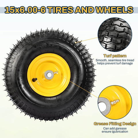 Two Pack 15x6-6 Tire And Wheel Assembly For Riding Lawn Mowers, Beefy Heavy Duty 4 Ply Tubeless Tires, 500 Lb Capacity, yellow hub
