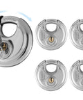 Five Pack Disc Padlocks Keyed Alike, Two And Three Quarters Inch Wide Stainless Steel 304 Round Locks With Brass Keys shown in set