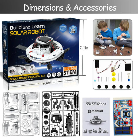 6 In 1 Solar Robot Building Kit For Kids Aged 8 To 13 That Lets Them Build Six Dope Robots, A Fun STEM Toy For Hands On Science, Perfect Birthday Gift For Boys And Girls. Box with parts, manual, and solar panel, 9.4 x 7.1 in