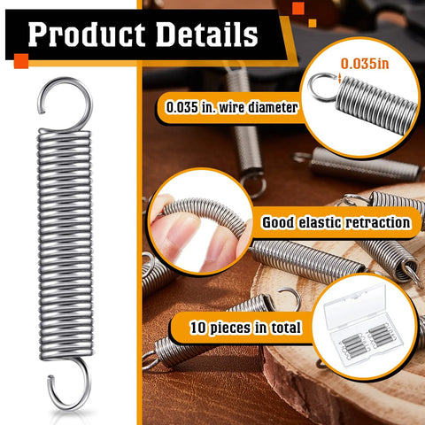 10-piece stainless steel extension springs set, 1/4 in x 1-1/2 in, 0.035 in wire diameter with hooks