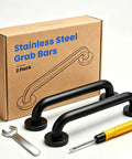 Built Like a Tank 12 Inch Black Stainless Steel Shower Grab Bars Lock In Rock Solid Grip Rustproof Bathroom Safety Handrail Thickened Screws Senior Assist Support Two Pack with tools and packaging.