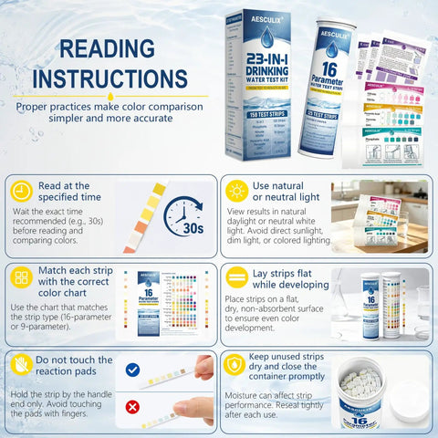 Reading instructions for No Fuss 23 Parameter Water Test Kit With 158 Strips including tips for color comparison and usage.