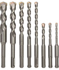 8-Piece SDS Plus Drill Bit Set Carbide Tipped For Rotary Hammer Masonry Concrete Brick Stone Block Stucco Includes Sizes From 3/16 By 4 In To 3/4 By 6 In Great For Fast Clean Holes displayed in a row