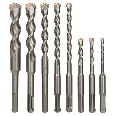 8-Piece SDS Plus Drill Bit Set Carbide Tipped For Rotary Hammer Masonry Concrete Brick Stone Block Stucco Includes Sizes From 3/16 By 4 In To 3/4 By 6 In Great For Fast Clean Holes displayed in a row