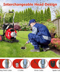 Smooth Operator Electric Drain Auger Guts Out Stubborn Clogs Quick With 75 Ft Cable and Four Tough Cutting Bits For One To Four Inch Pipes Portable Auto Feed Plumbing Tool With Snappy Foot Switch in use, clearing drain line.