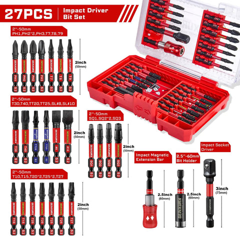 27 Piece Impact Screwdriver Bits Set With Magnetic S2 Steel Tips Phillips Slotted Square Torx in pink storage case