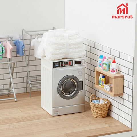 Big Time Hit Miniature Washing Machine Featuring Smooth Operable Lid And 1/12 Scale White Towel Set Serious Flex For Dollhouse Furniture And Cozy Room Decor Display Collection in a styled laundry space.