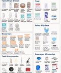 Outdoors first aid kit contents poster, front view, 500-piece kit with tapes, gauze, bandages and tools.
