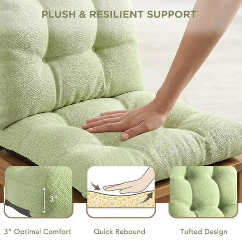 Close-up of sage water-resistant rocking chair cushion showing plush support, tufted design, and hand pressing for comfort.