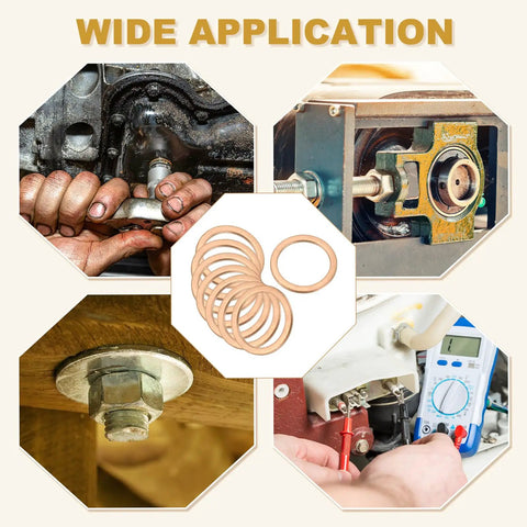 Hardcore Copper Crusher Washers For M22 Bolts And Sump Plugs 22Mm Inner Diameter 28Mm Outer Diameter 1.5Mm Thick displayed with various applications.