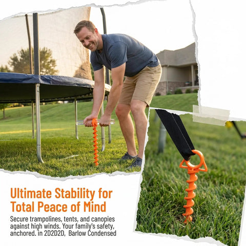 Man installing Beefy Ground Anchors For Heavy Duty Screw In Tent Stakes Built For High Wind And Loose Sand, securing trampoline