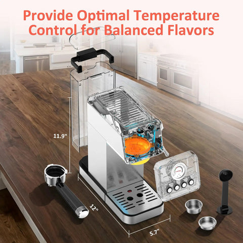 Score That Cafe Style Shot At Home With A 20 Bar Espresso Machine showing detailed components and measurements on a kitchen table.