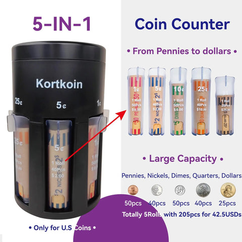 Five In One Automatic Coin Sorter And Counter With Wrappers Quick And Accurate Change Sorting Machine For Home Office And Store Easy To Use Piggy Bank Jar Sorter For US Coins