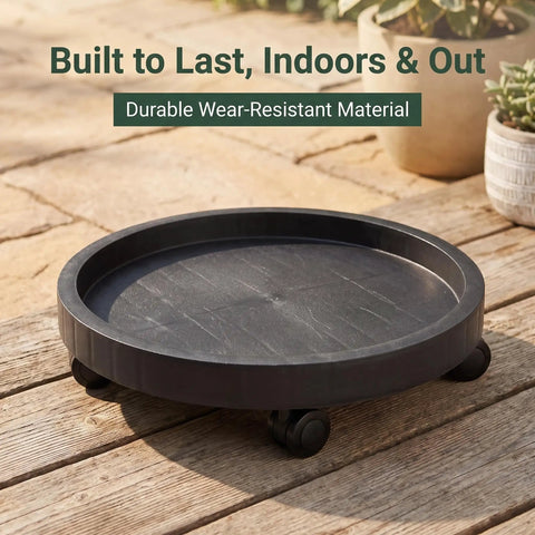 Heavy Duty Plant Caddy With Ultra Smooth Rollers, 14 Inch Round Planter Saucer for Indoors and Outdoors on wooden surface.