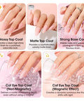 Hands showcasing various finishes of the Dope 24 Piece Gel Nail Polish Set With 20 Colors Plus Base Coat And Cateye Top Coat UV Cured Soak Off Nail Kit 3 Free HEMA TMPTA TPO Gift For Women Great Gift For Any Nail Lover on pink background.
