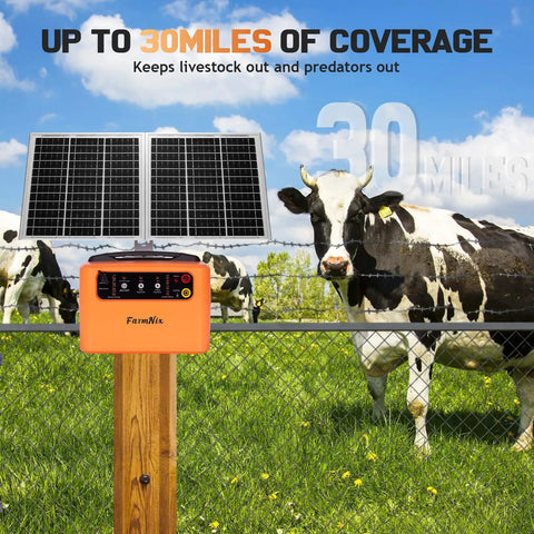 30 Miles Solar Electric Fence Charger For Livestock With Adjustable 6KV To 12KV Output, solar panels mounted on a fence post