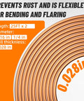 Brake Line Repair Kit With Flaring Tool Set And 25Ft 3/16 And 1/4 Inch Lines, flexible copper coil close-up with specs