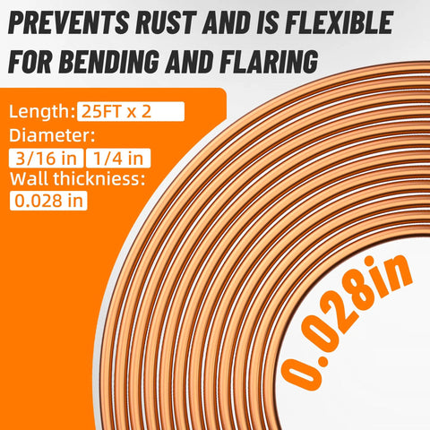 Brake Line Repair Kit With Flaring Tool Set And 25Ft 3/16 And 1/4 Inch Lines, flexible copper coil close-up with specs