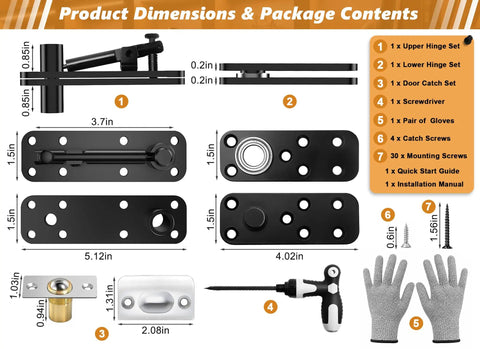 Heavy Duty Hidden Door Pivot Hinge Built To Last With 570 Lbs Capacity And 360 Degree Rotation hardware kit dimensions and contents.