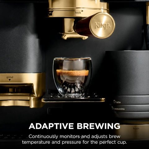 Top Shelf All In One Espresso Machine Featuring Built In Grinder And Hands Free Frother For Crisp Cold Brew And Fresh Drip Coffee Big Time Black Gold Edition brewing espresso in clear glass with gold accents.