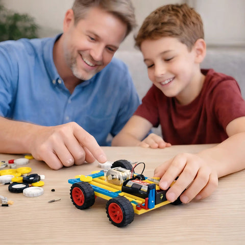 Father and son building solar car from Solar Powered STEM Kit For Kids Ages 8 Through 14 Build Seven In One Models Like A Solar Car And Motor Science Project A Cool Educational Gift For Boys And Girls