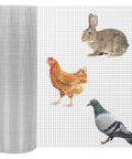One Quarter Inch Welded Hardware Cloth Twenty Four By Fifty Foot Coil For Chicken Coop And Small Animal Pen displayed with a chicken, rabbit, and pigeon.