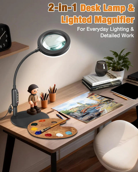 Pro Grade LED Magnifier With Light And Flexible Gooseneck 30x 10x Dual Zoom Five Color Modes Stepless Dimmable Brightness Optical HD Lens Hands Free Loupe For Close Work Craft Hobby Painting Jewelry Making on a desk
