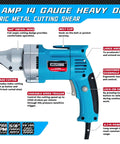 Electric Metal Shear For Sheet Metal, 14 Gauge, 5.0 Amp Motor with swivel head and double cut blades, product diagram
