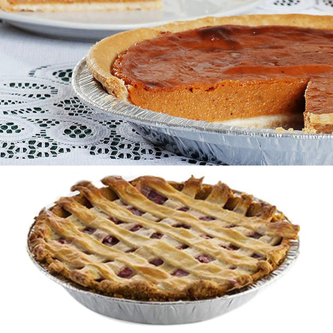 Heavy Duty 5 Inch Mini Pie Pans Pack Of 50 Disposable Aluminum Tart Tins with baked pies on table