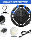 Back view of UFO LED High Bay Light 150W 16500 Lumens 5000K Plug In Shop Light with components: hook, plug, LEDs.