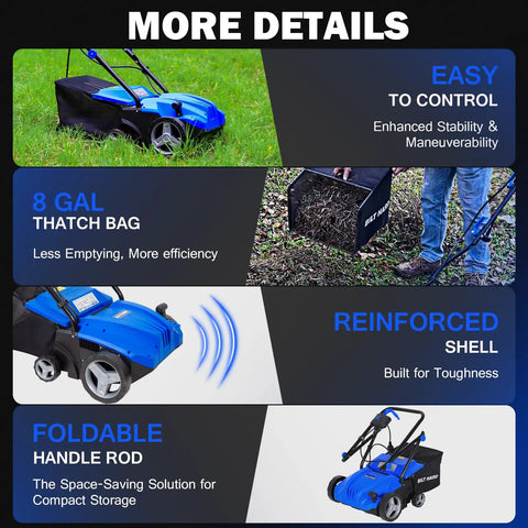 Powerful Dethatcher Scarifier For Lawns With 12 Amp Copper Motor 1500W Up To 3300 RPM, 13 Inch Raking Width, 8 Gal Thatch Bag