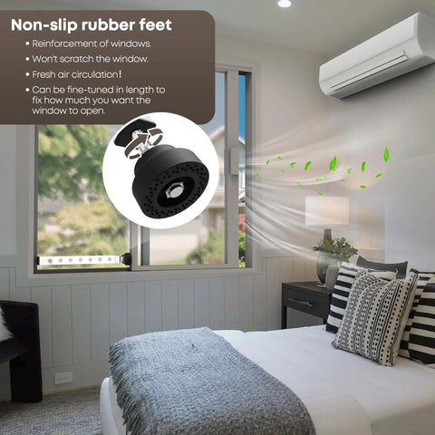 Adjustable Inside Window Security Bar For Horizontal And Vertical Sliding Windows Extends 11 To 18 Inches White Finish Easy Install In Window Lock Bar That Keeps Sliding Windows Secure While Allowing Air Flow installed in a bedroom window.