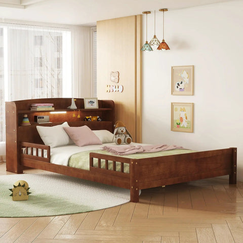 Solid Pine Wood Bed With Bookcase Headboard And Walnut Finish, Built In LED Motion Sensor Light With Three Modes in kid's room