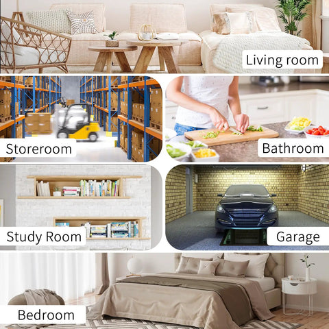 Collage of room types: living room, storeroom, bathroom, study room, garage, and bedroom for home use considerations.